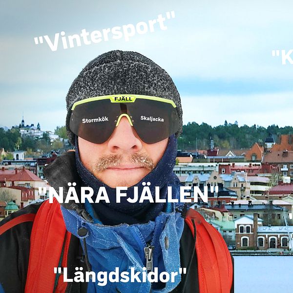 En man med sportglasögon, mössa, jacka som ser ut att vara på ett fjäll, inklippt framför Östersund.