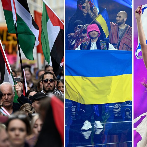 Fyrdelad bild. Från vänster: palestinska, ukrainska, israeliska och icke-binära flaggor.