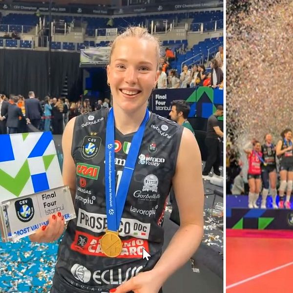 Delad bild. Till vänster: volleybollspelare med medalj. Till höger: lag firar seger på scen.