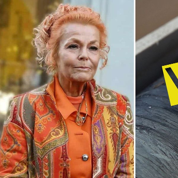 Miljöjurist Gunilla Högberg och en borrkärna med skylten ”VETO” om alunskifferbrytning.