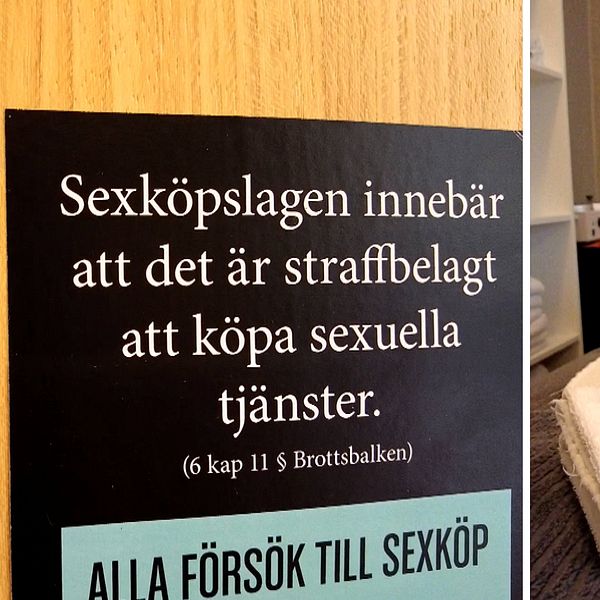 en skylt där det står att sexköp är förbjuden och en massagebänk