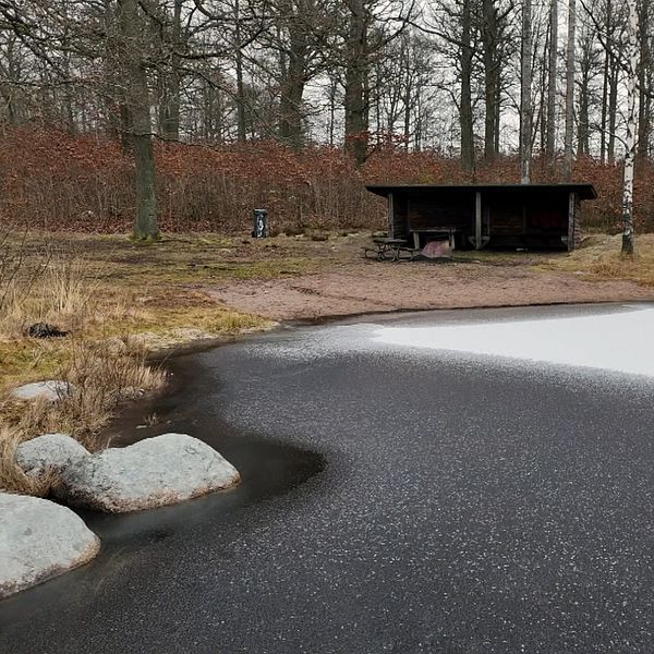 Delad bild: Till vänster, en frusen sjö med stenar i förgrunden och ett träskjul omgivet av skog i bakgrunden. Till höger, en person i mörka kläder gestikulerar utomhus.