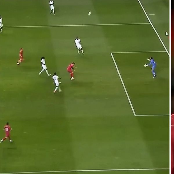 Fotbollsmatch med spelare i rött och vitt, samt närbild av en rödklädd spelare till höger