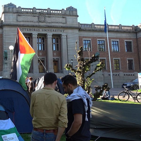 Selfie a Valcheg a Göteborg, accanto alla foto esterna dell'Università di Göteborg in relazione alla manifestazione filo-palestinese