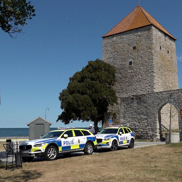 Polisbilar framför Kruttornet i Visby och lokalpolisområdeschef Emil Eisersjö.