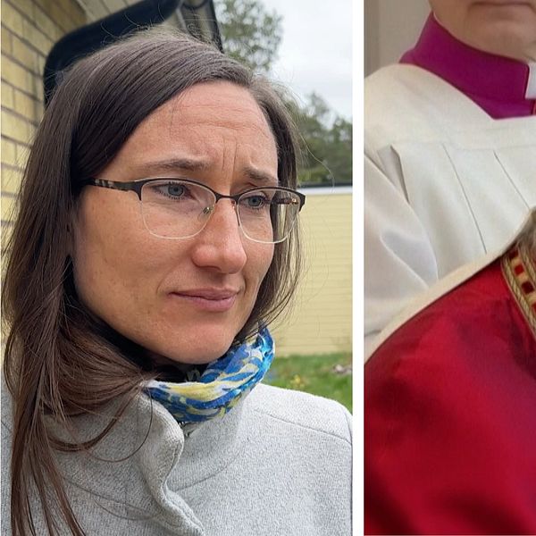 Tvådelad bild. Vänster: person utomhus. Höger: religiös ceremoni med prästerlig klädsel.