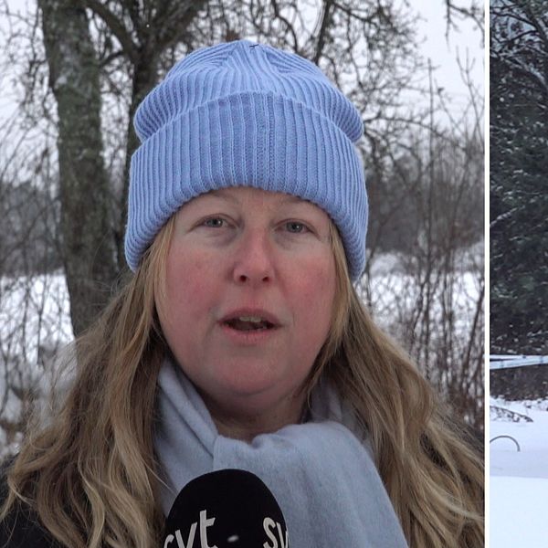 Splitbild med reporter och mordutredningsplats, stolpe, snö, polisavspärrningsband.