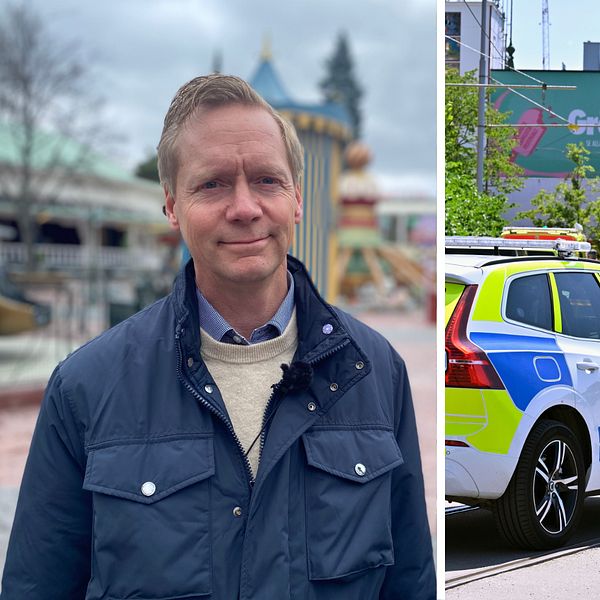tvådelad bild, till vänster en man i blå jacka, till höger poliser och polisbilar framför Gröna Lund