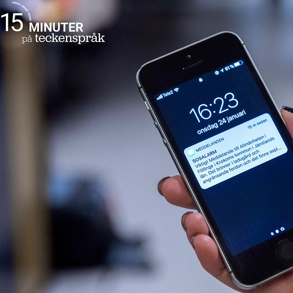 På skärmen på en Iphone finns ett VMA-meddelande från SOS Alarm-appen till Krokoms kommun i Jämtlands län. I meddelandet står det att det brinner i en ladugård och att det finns en explosionsrisk.