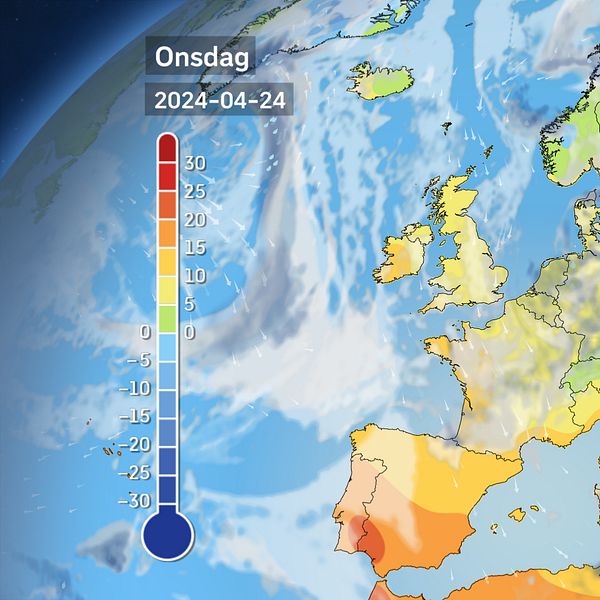 Väderkarta som visar väder i Europa – prognos för i dag och kommande dagar.