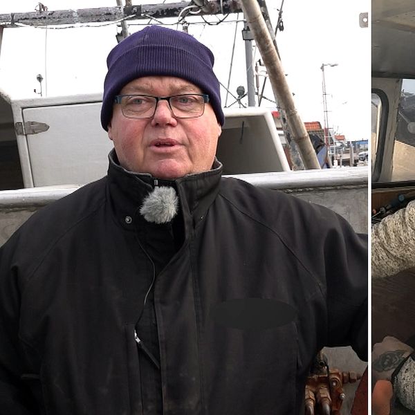 En delad bild som visar två personer i olika miljöer: till vänster står en person i arbetskläder på en båt i en hamn, och till höger sitter en annan person inne i ett båthytt.