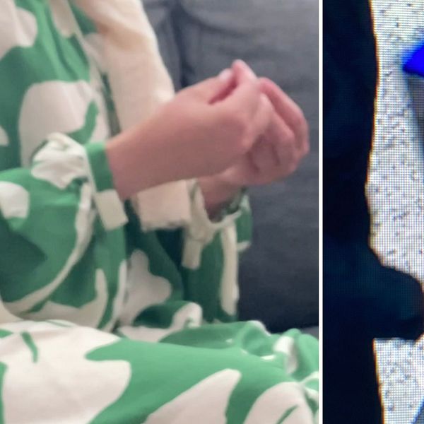 Splitbild. Till vänster en kvinnas händer. Till höger ett stort paket som hämtas ut på posten.