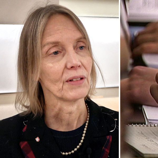 En delad bild som visar två sektioner. Den vänstra delen visar en person med en mörk kostym och pärlhalssmycke. Den högra sektionen visar en hand som håller en penna över en anteckningsbok, samtidigt som en annan hand syns i bakgrunden som skriver.