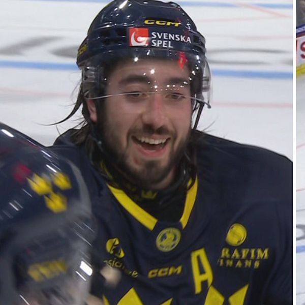 Delad bild. Vänster: hockeyspelare i svart tröja. Höger: spelare skjuter mot mål på isrink.