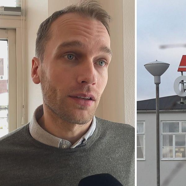 Bildens vänstra sektion visar en person som står nära ett fönster, iförd en grå tröja med en vit skjorta under. Den högra sektionen visar en vy av Abu Garcia:s byggnad med sin välkända skylt.
