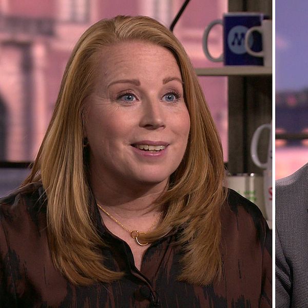 Annie Lööf och Stefan Löfven i studio diskuterar Agendas partiledardebatt.