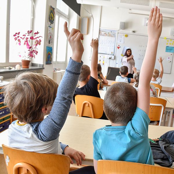 Elever i klassrum räcker upp handen.