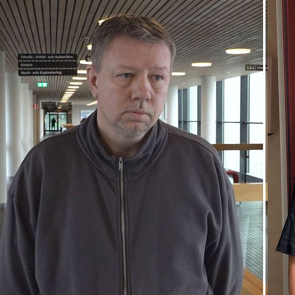 Delad bild med två personer. Till vänster syns en person i en mörk jacka stående i en korridor med ett tak med paneler och ljusinsläpp från fönster i bakgrunden. Till höger syns en person i en mörk klänning stående framför en rödbrun dörr med handen vilande mot dörrkarmen.