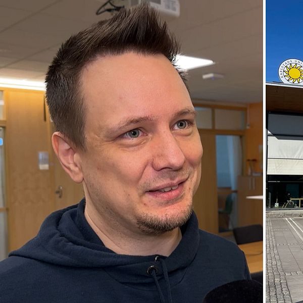 Delad bild. Vänster: person inomhus. Höger: entrén till Karlstads universitet utomhus.