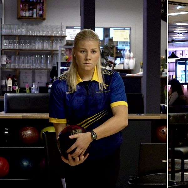 Till vänster i bild Nora Johansson som bowlar, till höger i bild Robin Ilhammar som bowlar.