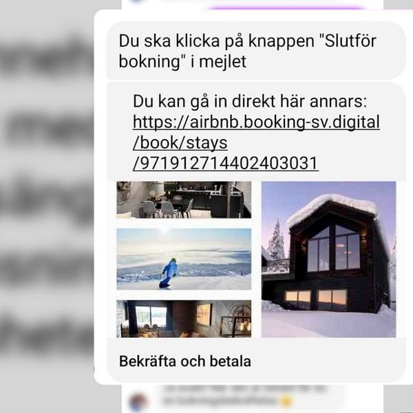 Delad bild – till vänster en bild på en falsk airbnb-länk och till höger en bild på en kvinna med glasögon och mörkt hår