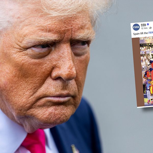 Donald Trump i förgrunden, segerbild av Spaniens VM-lag i bakgrunden