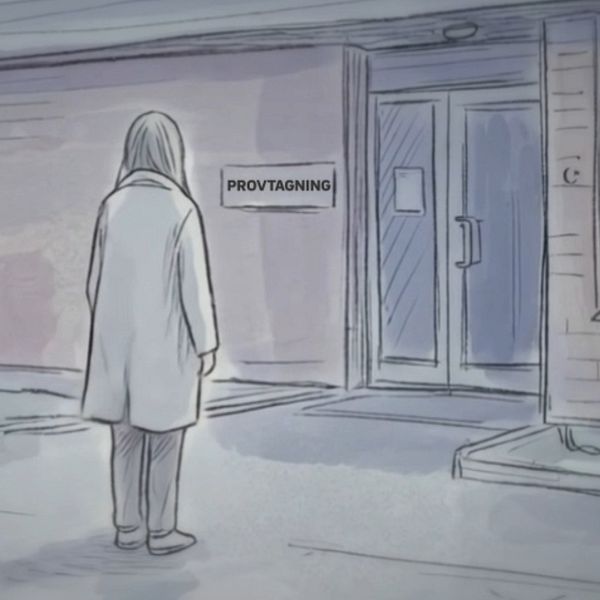 Illustration av patient utanför vårdcentral och porträtt av Magnus Sjödin (M)