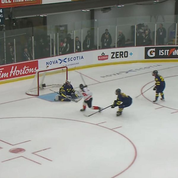 Sverige möter Kanada i ishockey, kanadensiska spelare firar mål mot svenska laget.