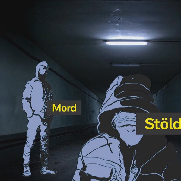 En delad bild som visar två scener. Till vänster syns en skissartad illustration med två figurer i mörka kläder, märkt med orden ”Mord” och ”Stöld”. Till höger syns Joakim Norenhag vid polisens Nationella operativa avdelning i uniform som står utanför en byggnad.