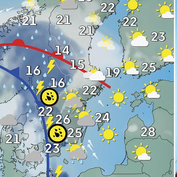 Väderkarta över Sverige som visar att regn- och åskväder är på gång. Till höger: SVT:s meteorolog Emma Härenstam.