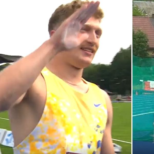 Mykolas Alekna vinkar efter sitt diskuskast på friidrottsarenan