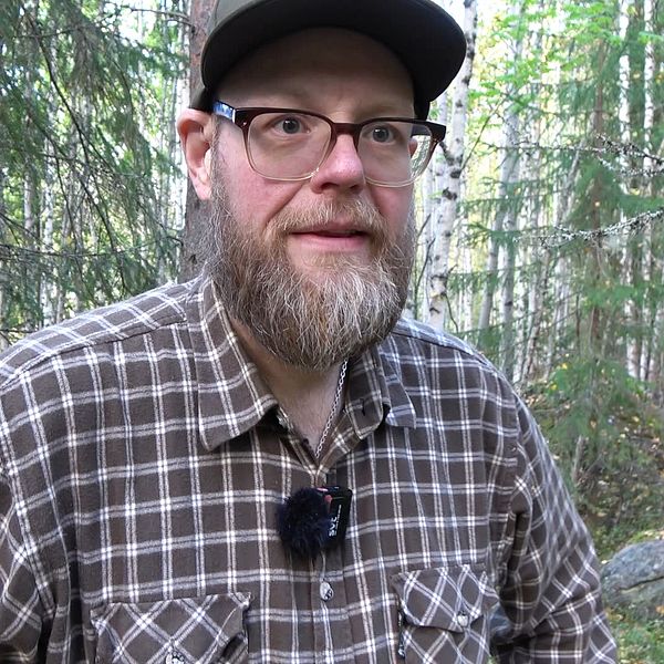 Per Ökvist från Luleå Svampklubb står i skogen iklädd rutig skjorta. Till höger: Han är fotograferad bakifrån när han går i skogen med en svampkorg.