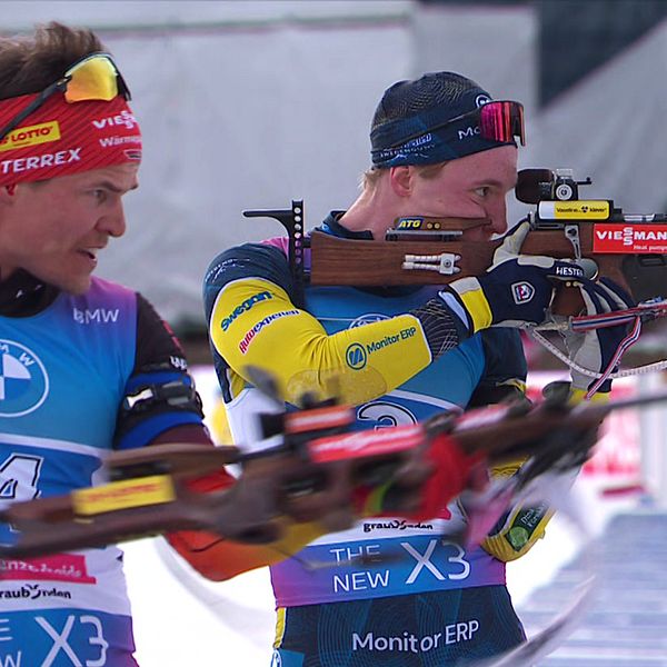 Tvådelad bild. Vänster: skidskyttar i färgglada dräkter siktar med gevär. Höger: person i skidutrustning.