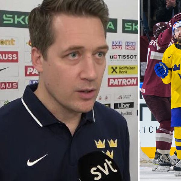 Sam Hallam vid SVT:s intervjumikrofon. Tre Kronor som deppar efter att Lettland avgjort VM-kvartsfinalen i fjol.