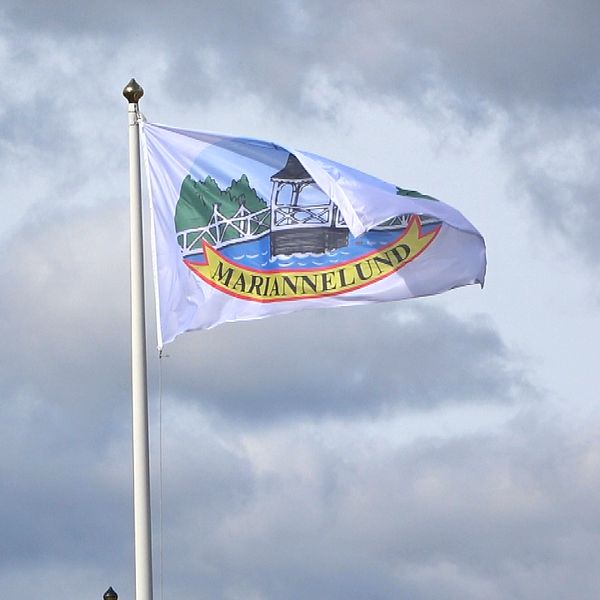 Tvådelad bild. Vänster: Vingåkers kommuns flagga. Höger: Person i utemiljö med mikrofon.