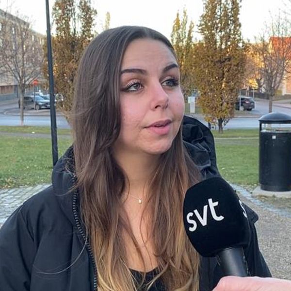 Sofia Skau, kurator och föreläsare, står utomhus och intervjuas, medan en meddelandekonversation syns i den högra sidan av bilden.