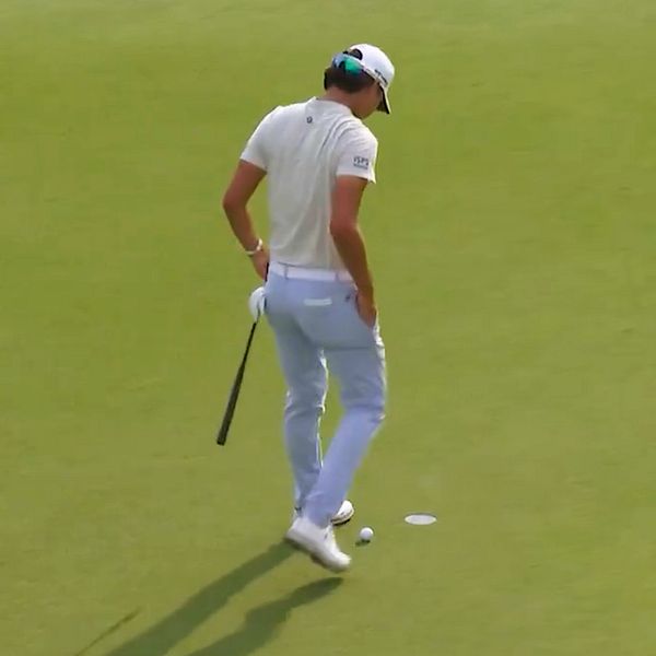 Tvådelad bild. Vänster: Golfspelare på green. Höger: Man i brunt vid ett bord.