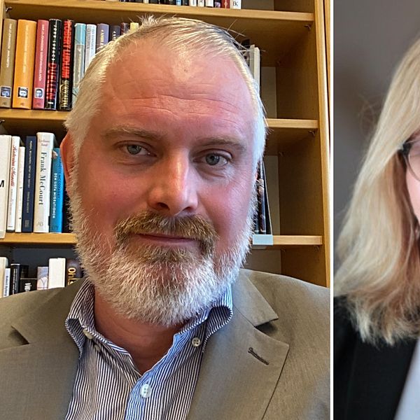 Delad bild. Till vänster: person i kostym vid bokhylla. Till höger: person i kavaj inomhus.