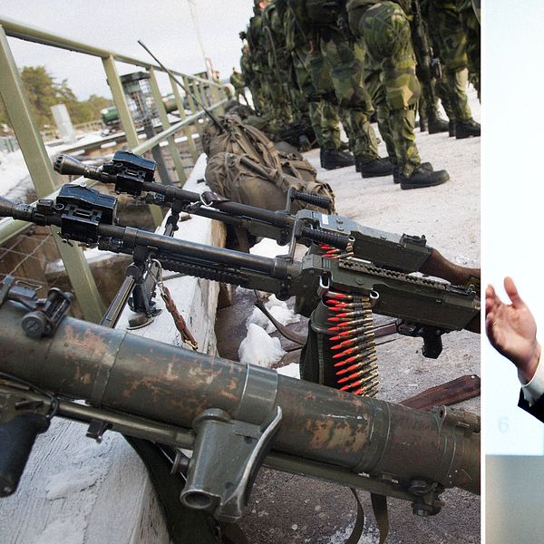 Till vänster en genrebild på vapen i svenska försvaret. Till höger en bild på affärsmannen Lars Wingefors.