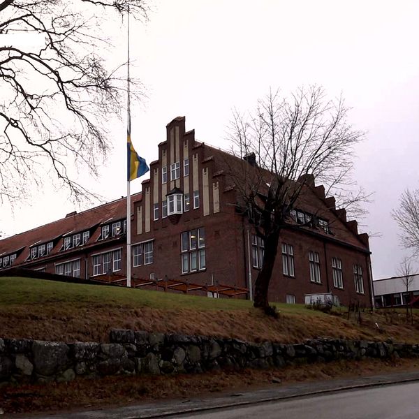 Till vänster visas en äldre tegelbyggnad med svensk flagga på halv stång. Till höger syns en person i en skjorta som står inomhus.