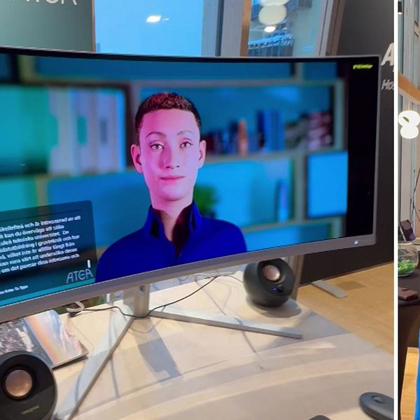 En skärm med en bild på AI:n ”Kim. Till höger syns Kevin Bell som berättar om nya tekniken.