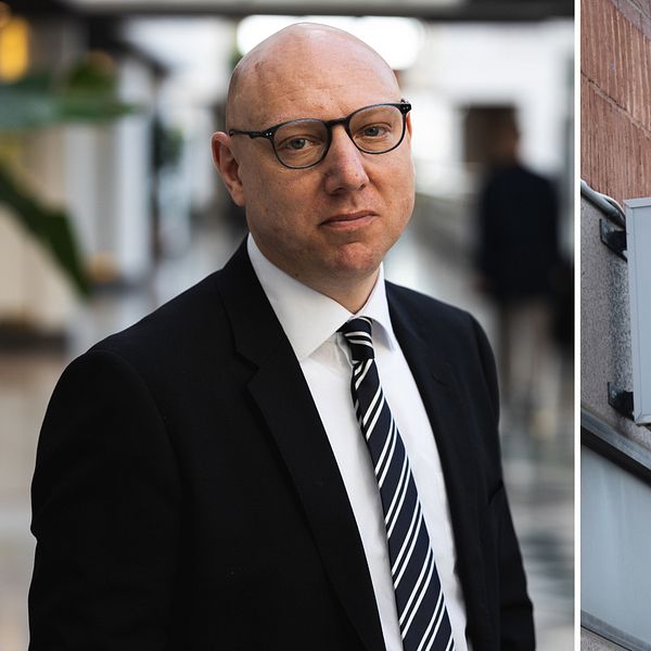 Tvådela bild på dels Migrationsverkets presschef Jesper Tengroth och dels skylt med Migrationsverkets skylt på fasad.