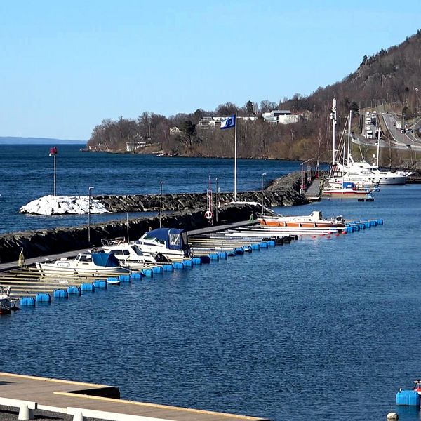 Hamnen i huskvarna och en bild på mona forsberg, kommunalråd i Jönköping. kvinna med ljust hår och grön tröja