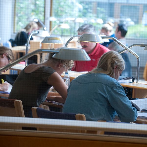 Studenter sitter vid skrivbord i ett studiemiljö med lampor, fokuserade på sina böcker och anteckningar. Bakom dem syns andra studenter, vilket skapar en livlig atmosfär i rummet.