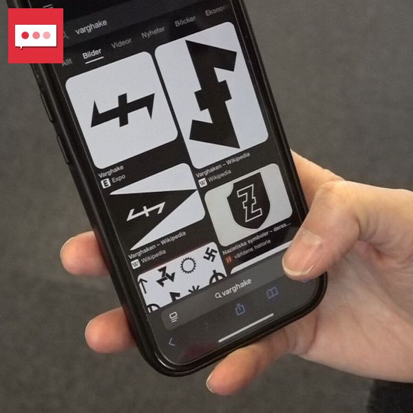 Delad bild. Till vänster: hand håller mobil med svartvita symboler. Till höger: person inomhus.