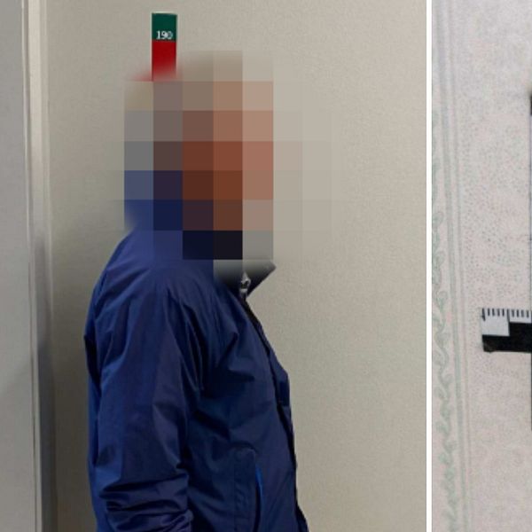 En delad bild som visar två sektioner. Till vänster syns en person som står bredvid en vägg med en markerad måttskala, vilket indikerar längd eller höjd. Personen bär en blå jacka och har en suddig ansiktskontur. Till höger finns en närbild av en vägg med en liten skada eller ett hål, med en linjal placerad för att mäta storleken på skadan. En röd pil pekar på hålet för att framhäva det.