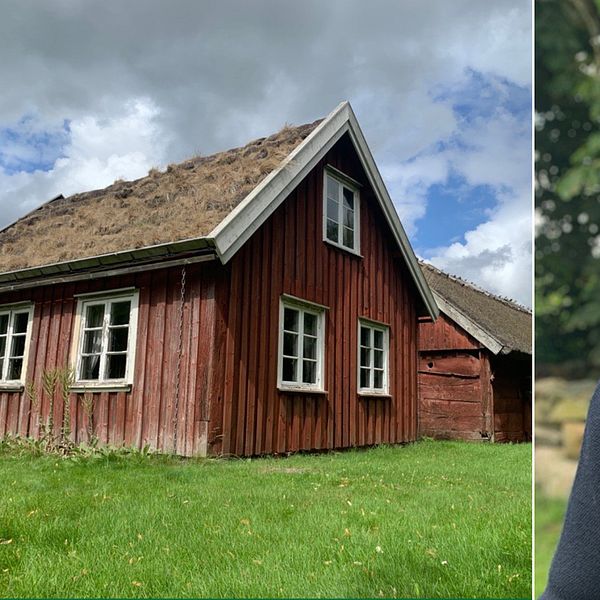Delad bild. Till vänster gammal röd stuga i trä. Till höger: porträttbild på Helene Andersson.