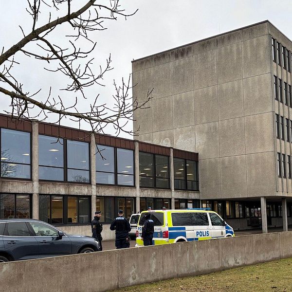 Tvådelad bild. Vänster: polisbil vid grå byggnad. Höger: reporter talar utanför byggnaden.