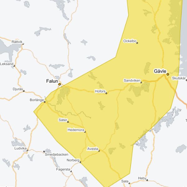 En karta från SMHI där riskområden är markerade i gult, delar av Dalarna och Gävleborgs län är några riskområden.