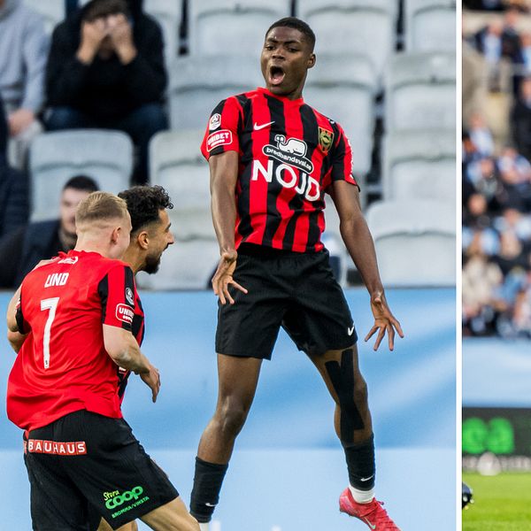 Delad bild. Vänster: spelare i BP jublar. Höger: spelare i Malmö FF ser besvikna ut.